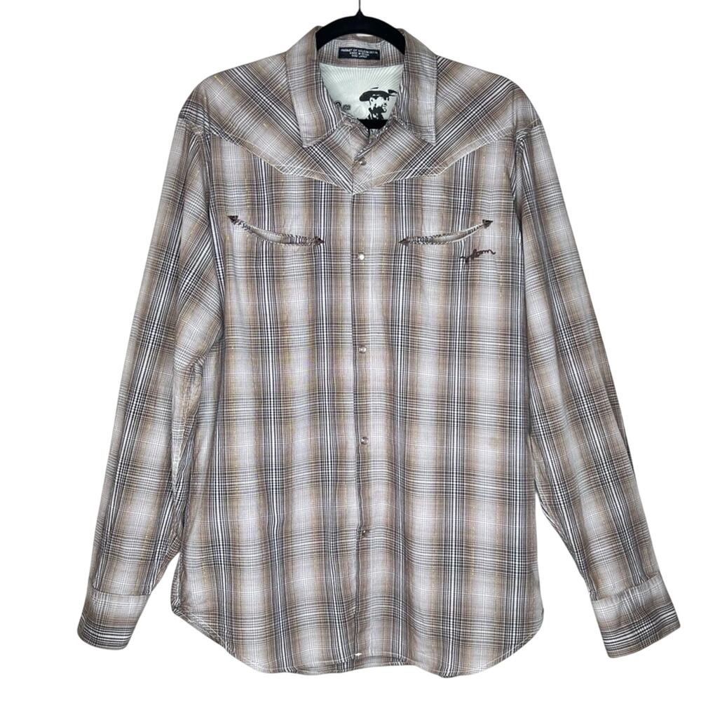 Western Pearl Snap Shirt Mens L Volcom Howdy Partner Long Sleeve Plaid Casual